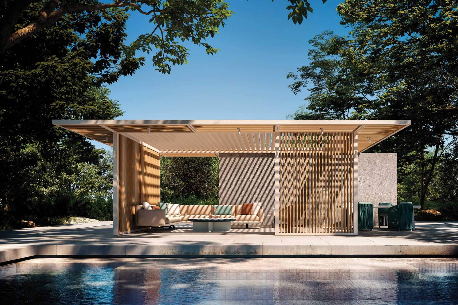 Pergola bioclimatique avec revètement bois collection Pavilion par Kettal à Nice