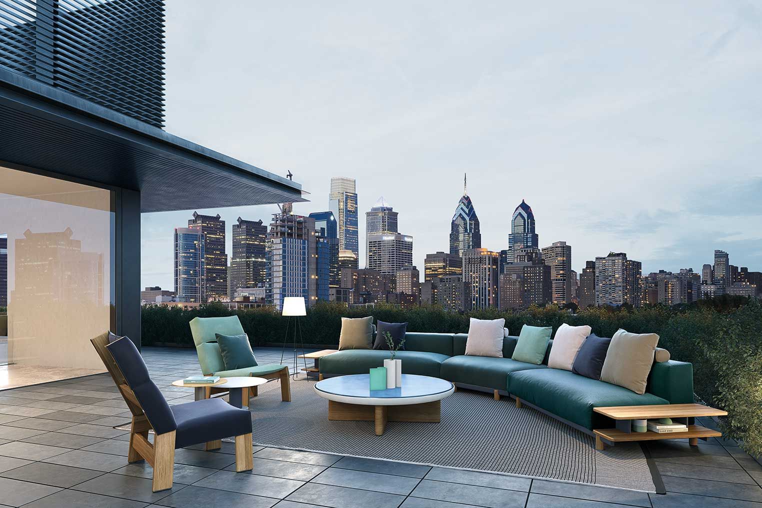 Ensemble salon lounge avec fauteuil en teck avec toile rembourrée collection Band par Kettal à Paris