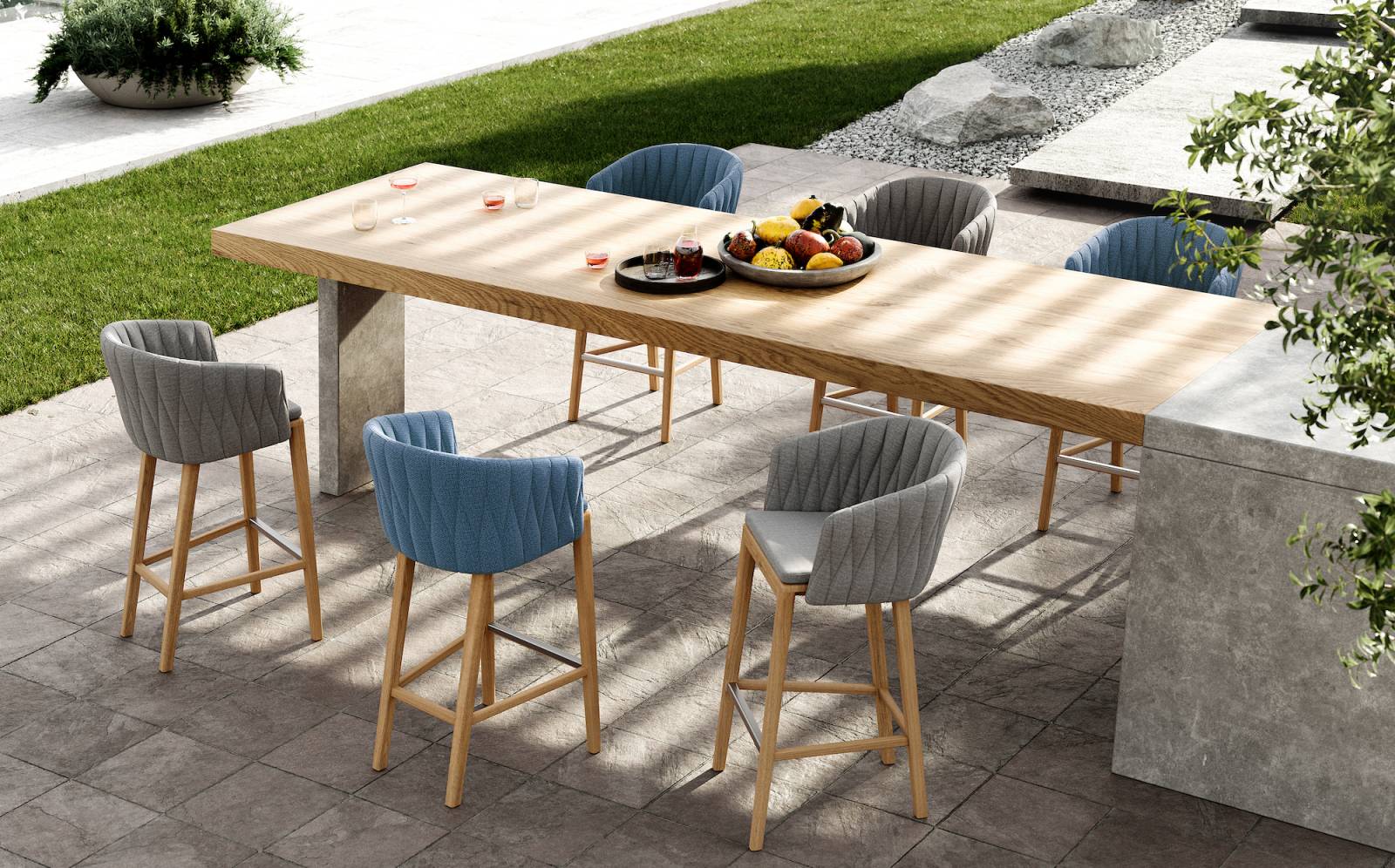 Tabouret d'extérieur confortable en teck et cordage collection Calypso par Royal Botania