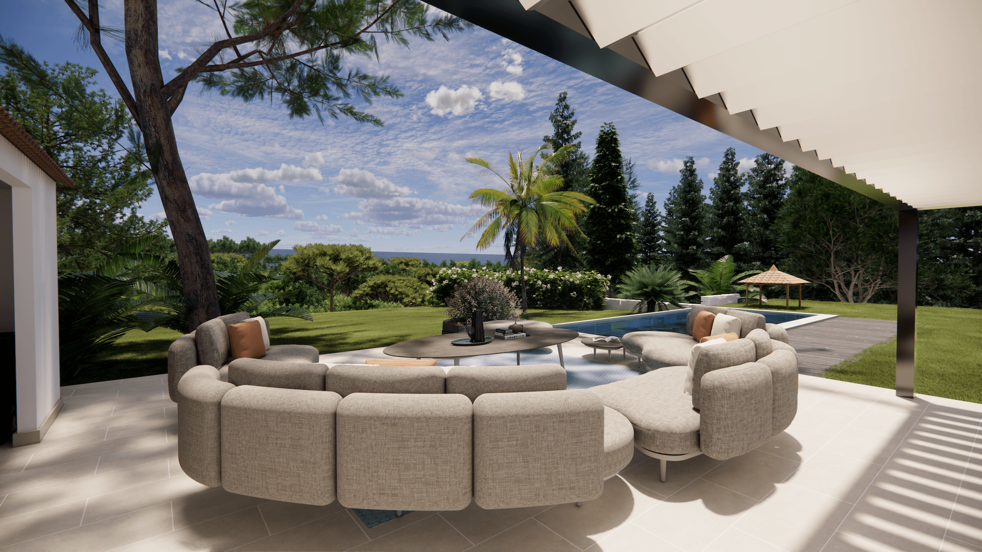Projection 3D d'une terrasse lounge couverte à Mougins