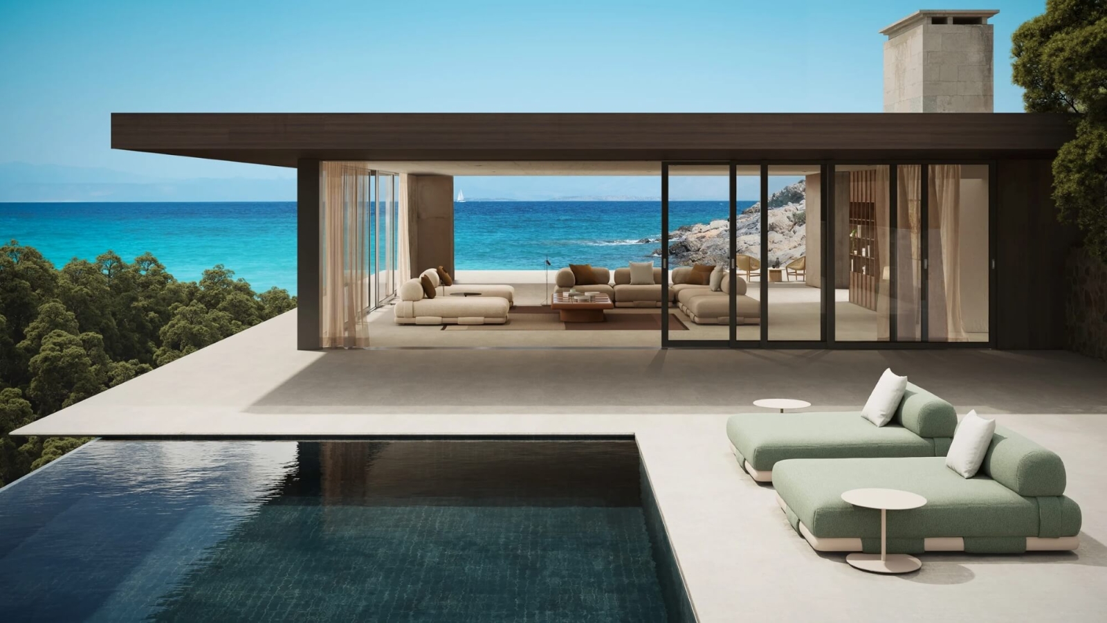 Canapé modulable épuré et élégant, aux lignes fluides et aux inspirations des majlis arabes, collection Insula par Kettal