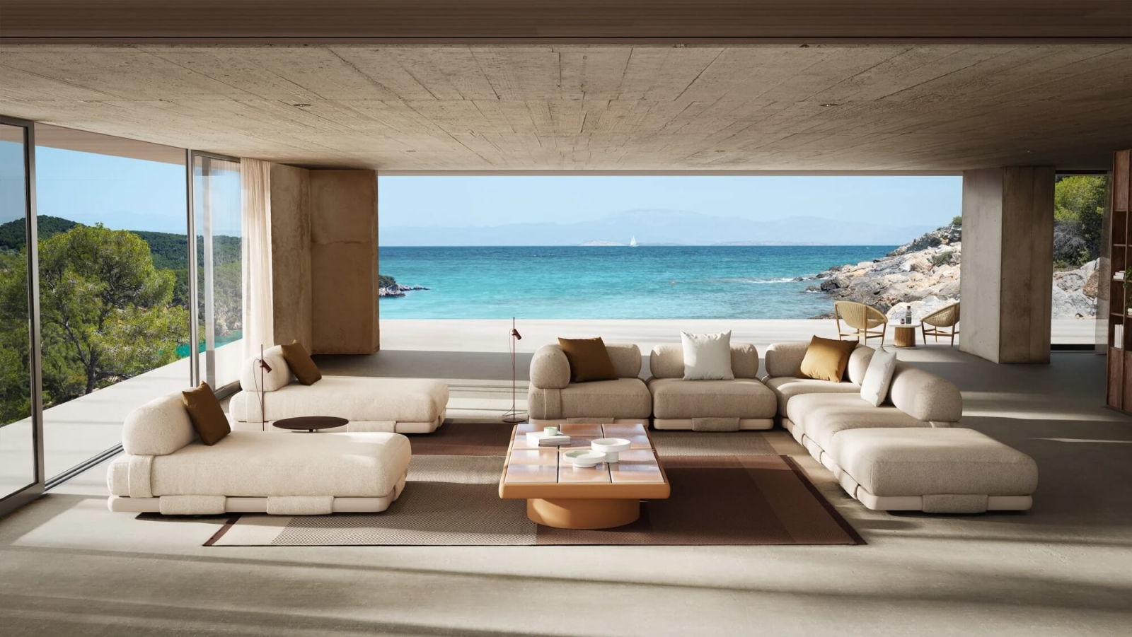 Canapé modulable épuré et élégant, aux lignes fluides et aux inspirations des majlis arabes, collection Insula par Kettal