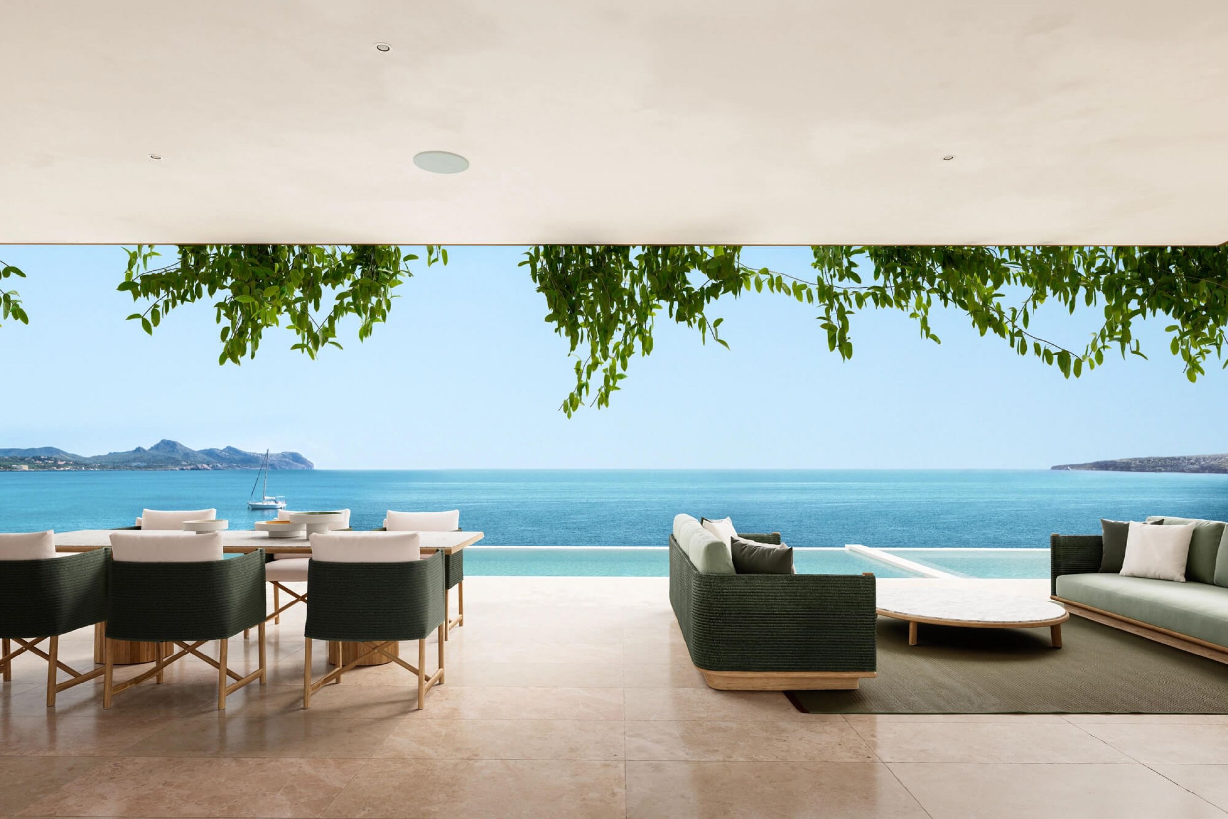 Salon d'extérieur en teck et cordes torsadées collection Giro par Kettal à Porto Vecchio