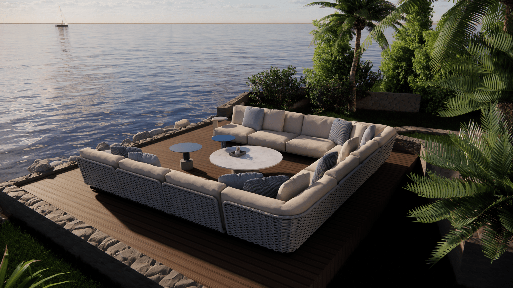 Modélisation 3D du salon extérieur au bord de l’eau à Mandelieu-la-Napoule
