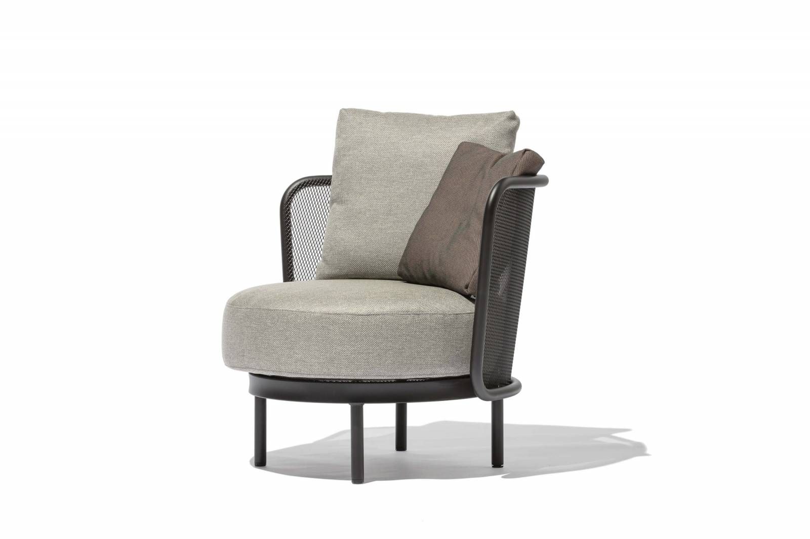 Zoom sur la chaise collection Baza Rond couleur anthracite avec coussin gris à Genève