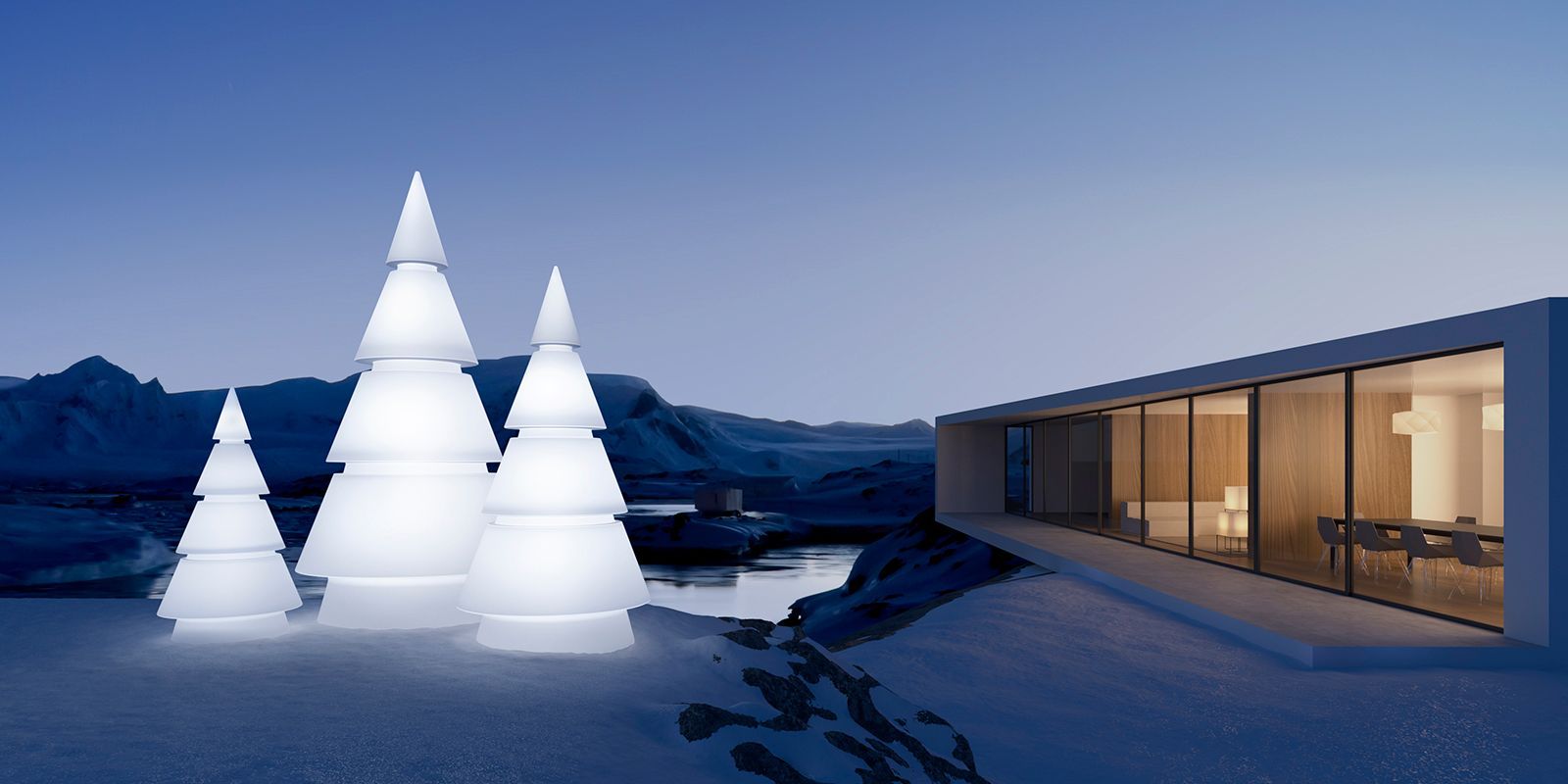 Sapin de noël de la collection Forest par Vondom mise en situation en extérieur avec trois tailles différentes à Genève