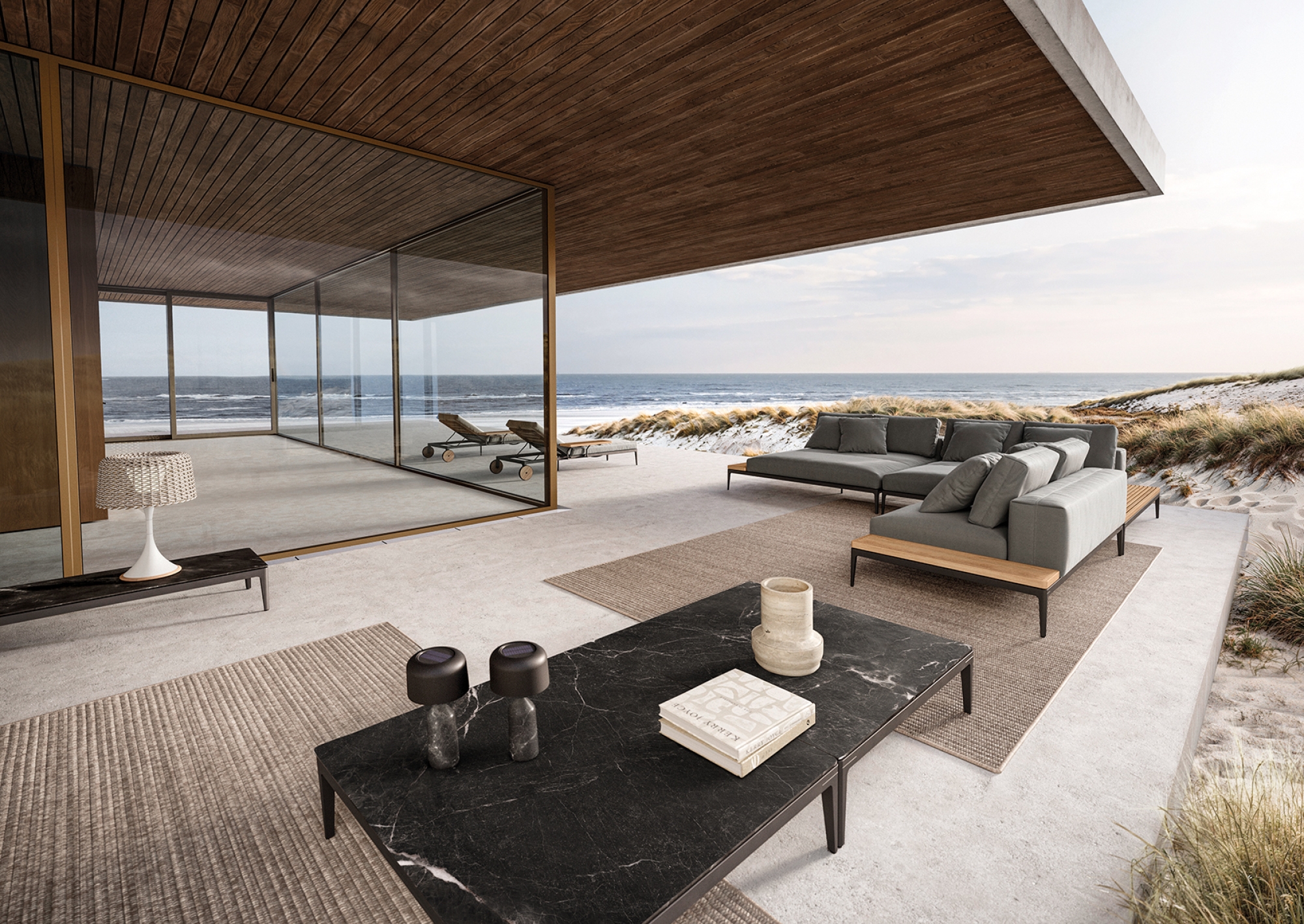 Salon de jardin moderne et modulaire en aluminium thermolaqué et teck ou céramique, collection Grid par Gloster