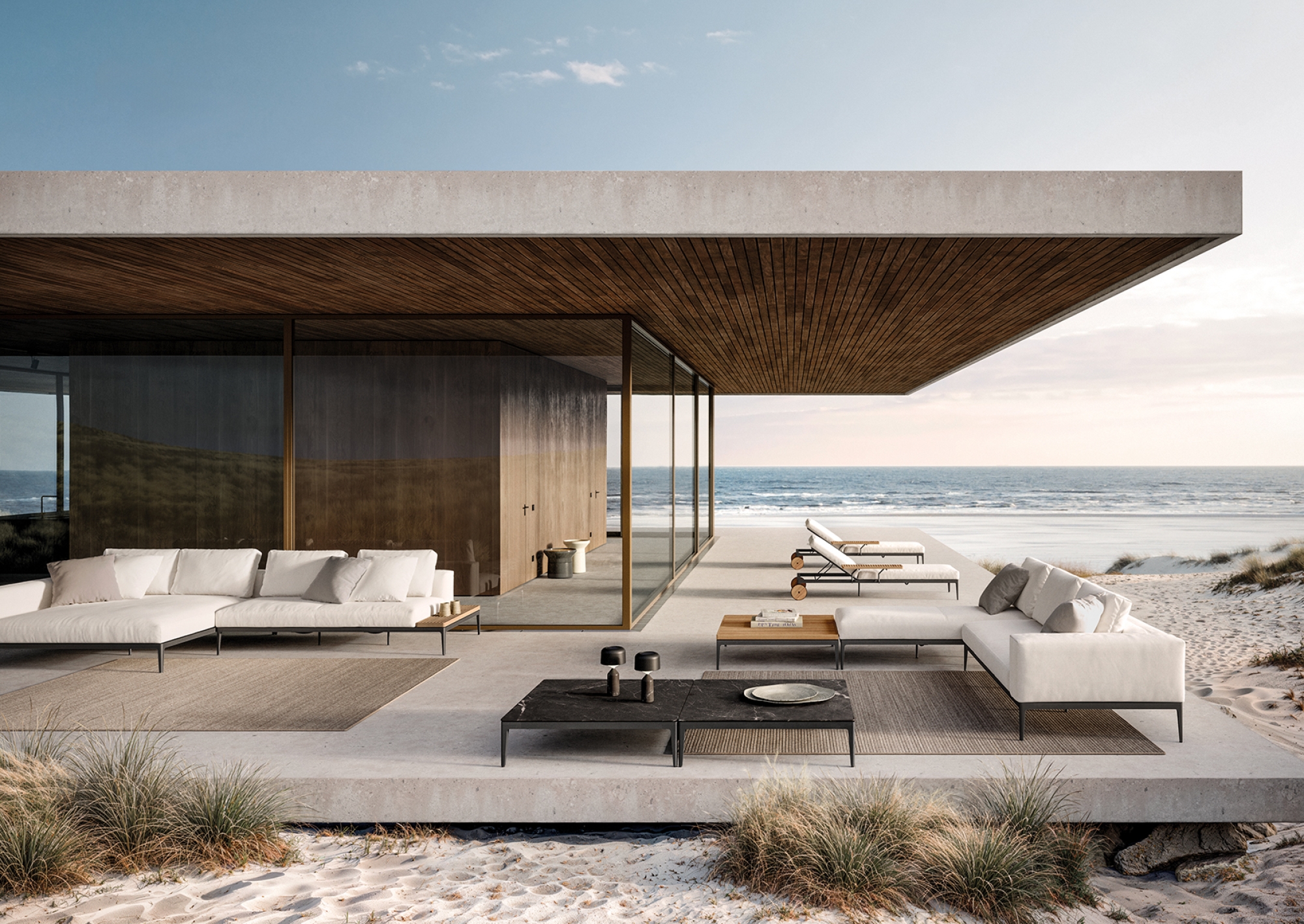 Salon de jardin moderne et modulaire en aluminium thermolaqué et teck ou céramique, collection Grid par Gloster