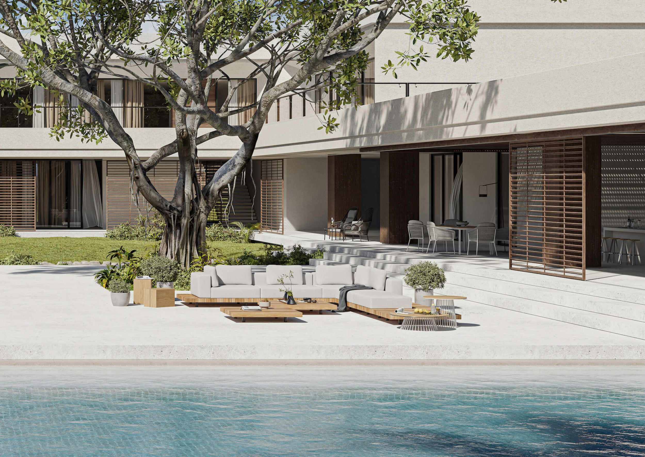 Salon d'angle modulable en teck avec tissu résistant à l'eau et au UV à Antibes