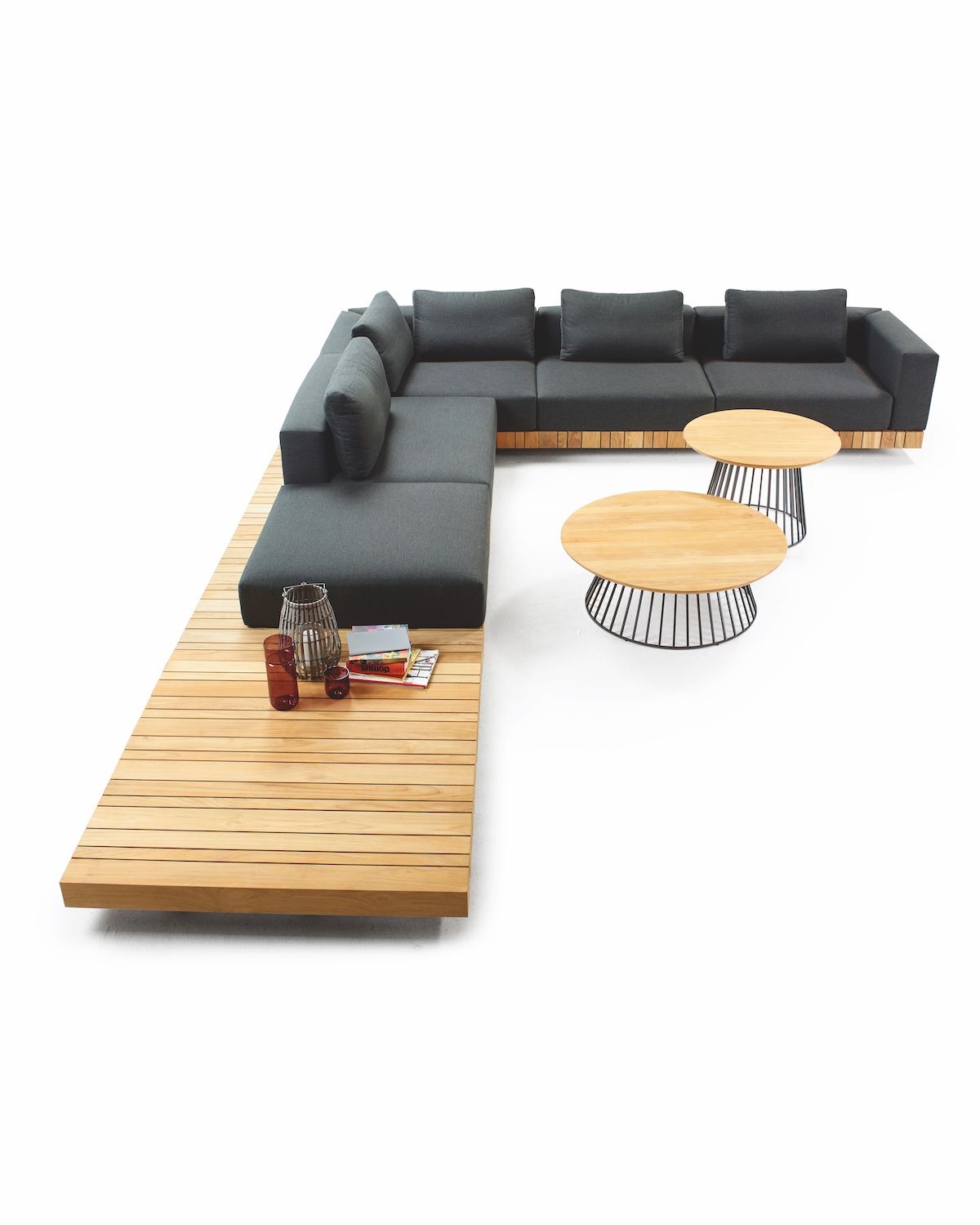 Salon de jardin modulable avec structure en teck massif et tissu acrylique Gris anthracite