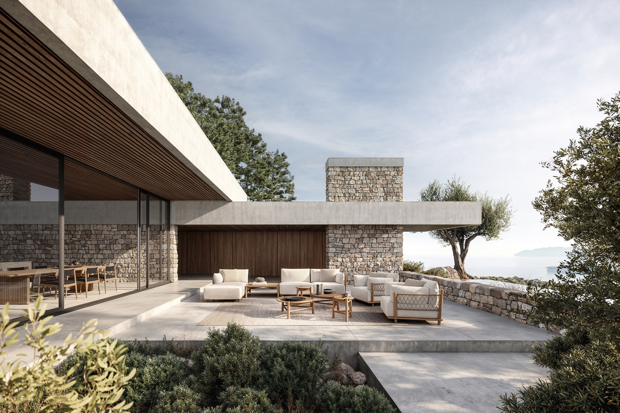 Salon de jardin confortable en teck avec assise épaisse et revêtement en osier tressé, collection Salina par Gloster