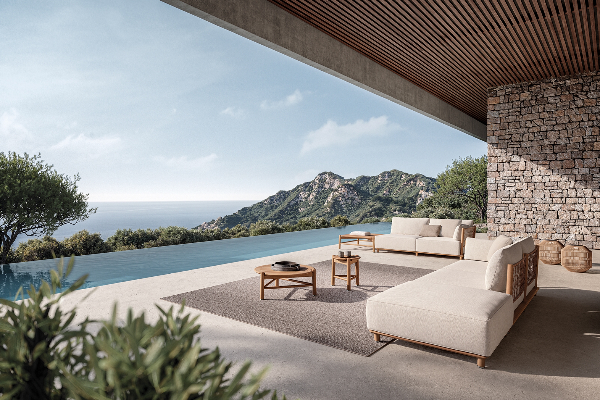 Salon de jardin confortable en teck avec assise épaisse et revêtement en osier tressé, collection Salina par Gloster