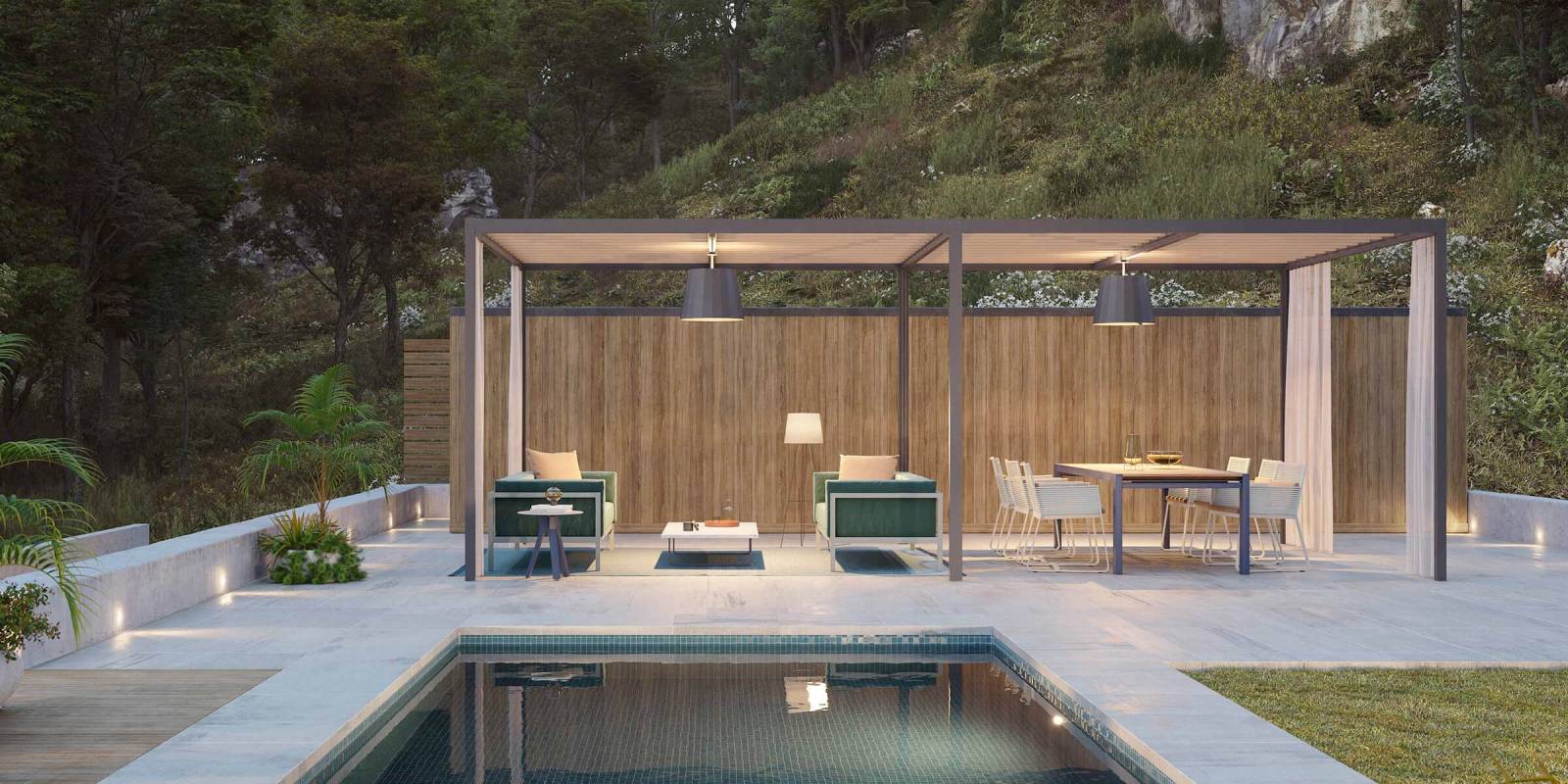 Salon de jardin abrité par une pergola en teck, collection PAVILIONS par Kettal à Marseille