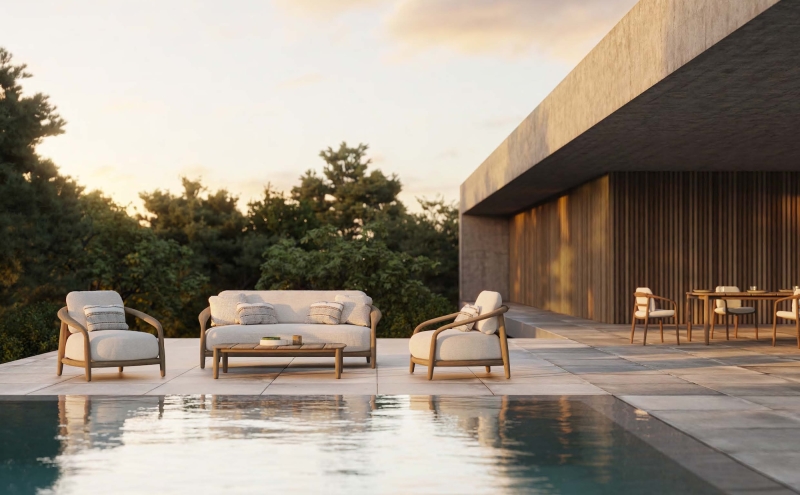 Salon extérieur aux formes arrondies en beige par Vondom à Nice 