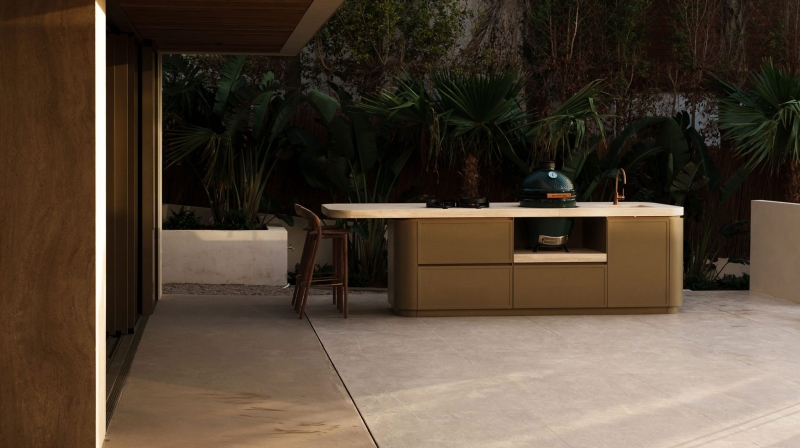 Cuisine extérieure à la silhouette élégante, contemporaine et aux lignes arrondies conçue sur mesure et entièrement personnalisable, collection Tulum