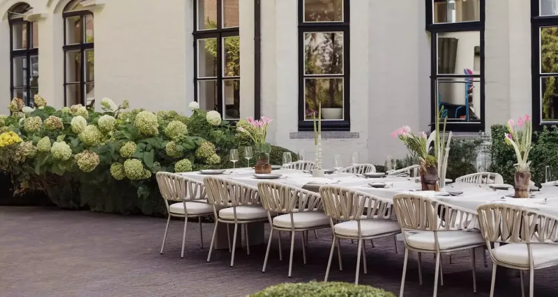 Fauteuil de repas avec coussins en aluminium thermolaqué et cordes épaisses, collection Imola