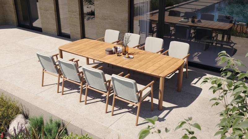 Fauteuil de repas élégant en teck avec dossier tissé collection Benoa